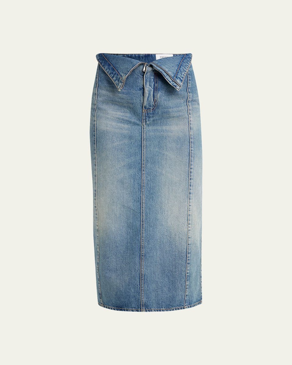 Foldover-Waist Midi Denim Skirt